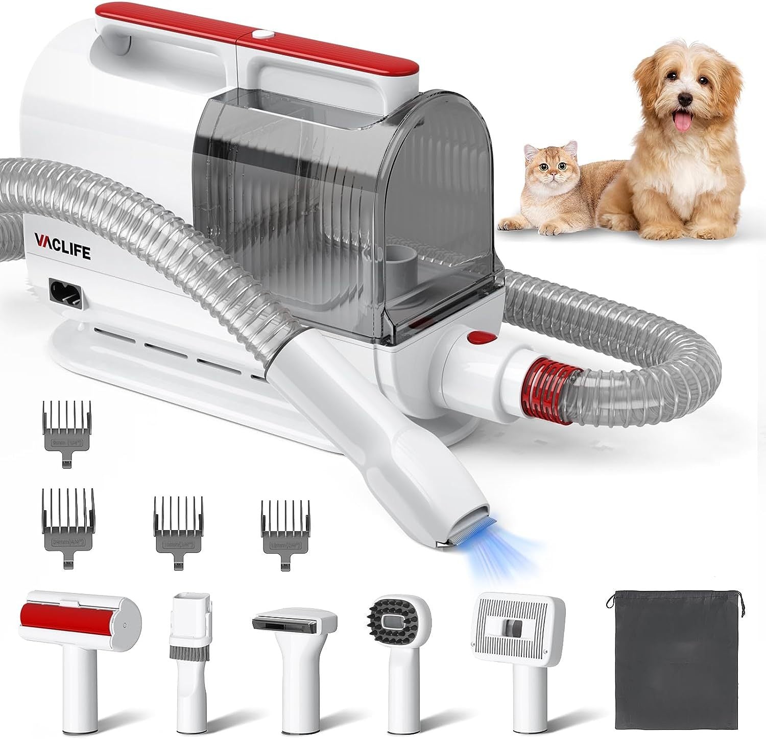 Petsomania Pet Hair Vacuum & Grooming Kit - Low-Noise, White and Red