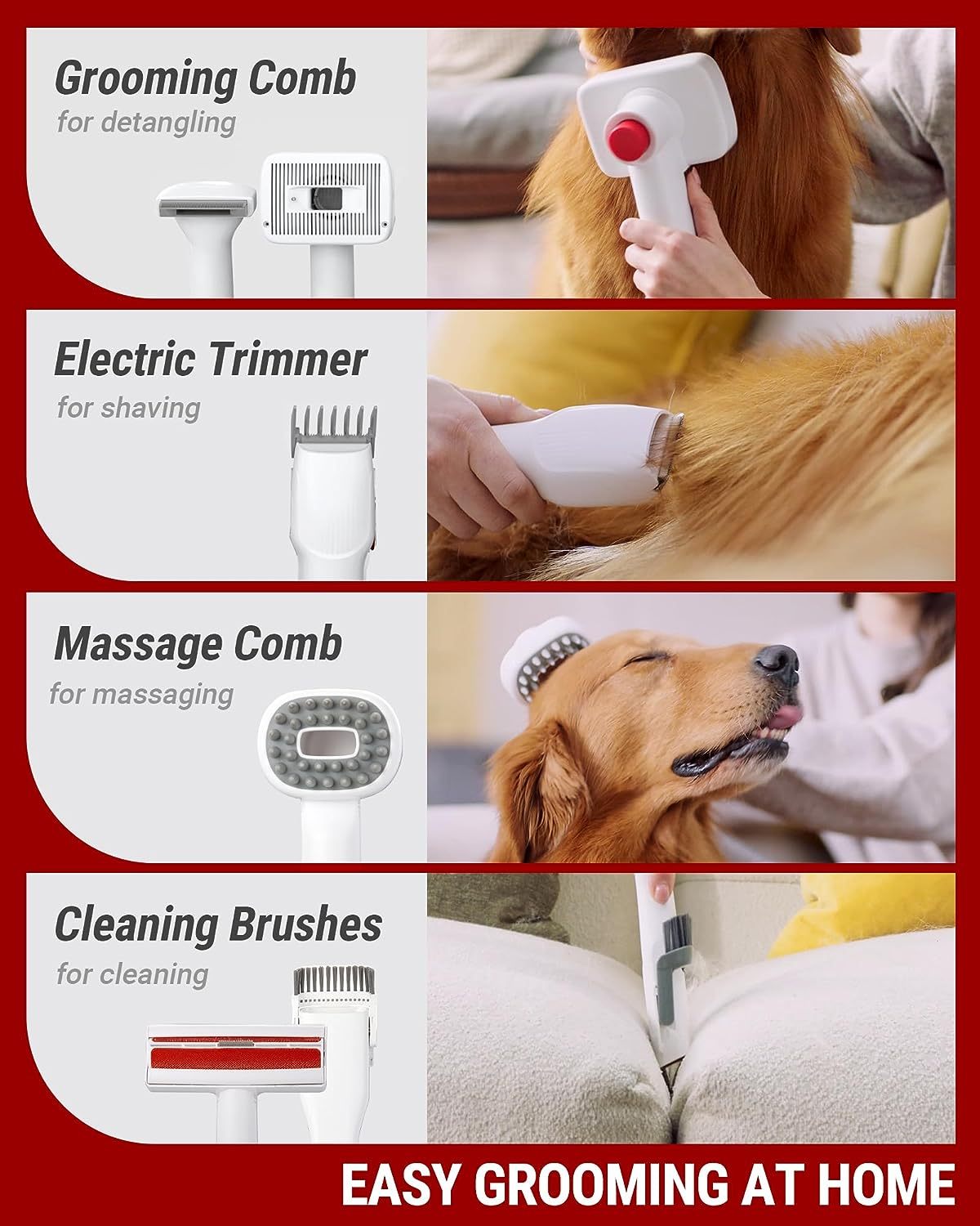 Petsomania Pet Hair Vacuum & Grooming Kit - Low-Noise, White and Red