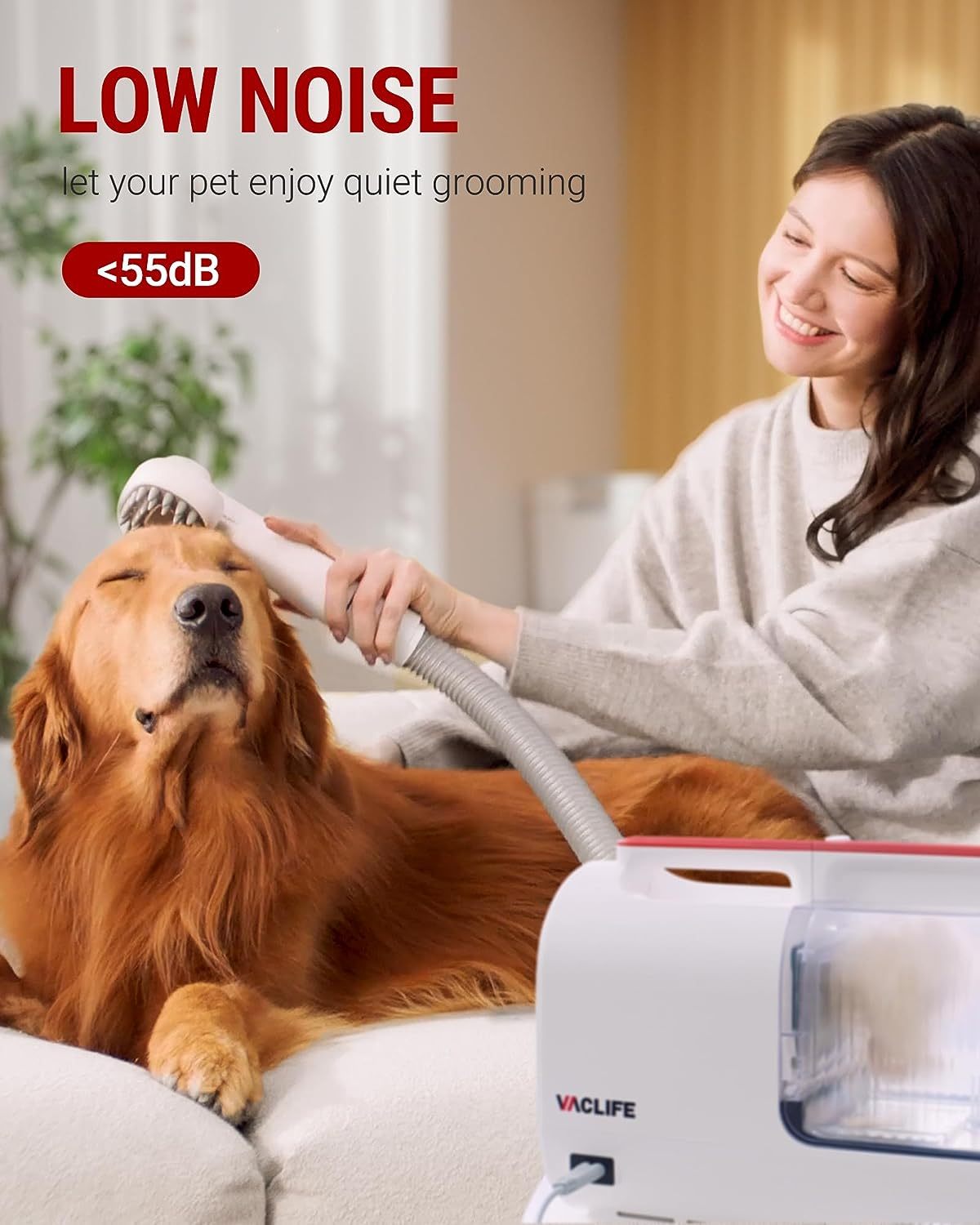 Petsomania Pet Hair Vacuum & Grooming Kit - Low-Noise, White and Red