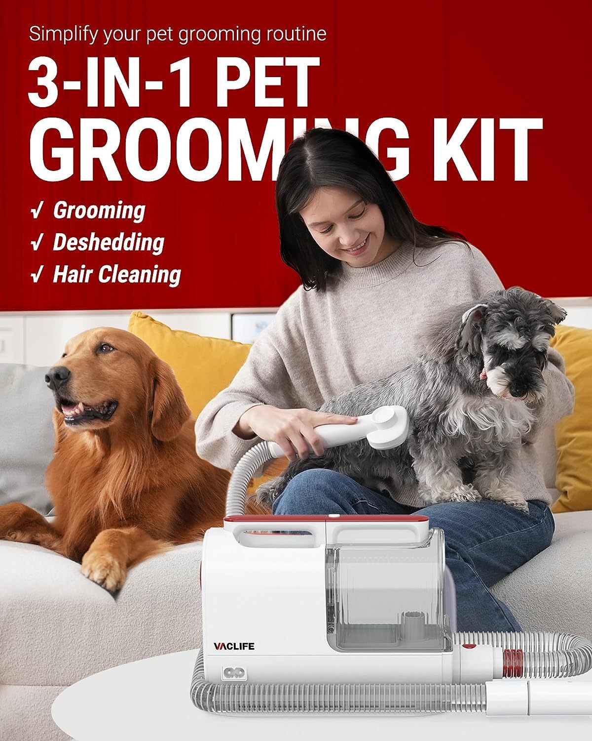 Petsomania Pet Hair Vacuum & Grooming Kit - Low-Noise, White and Red